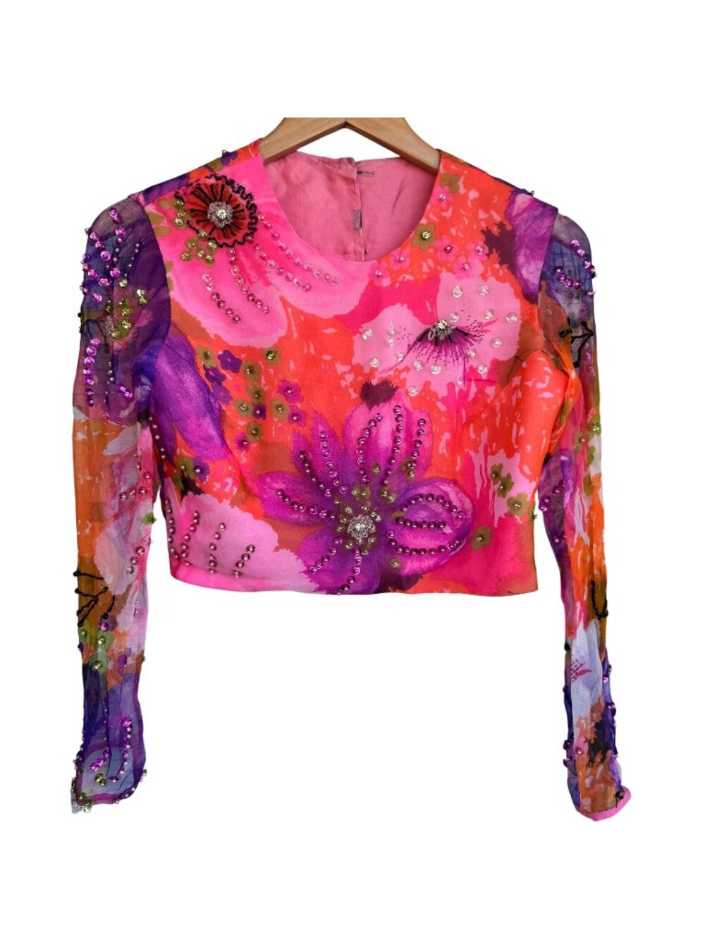 Miss Elliette California Hand-Beaded Floral Crop Blouse Sheer Sleeves Vtg 60s